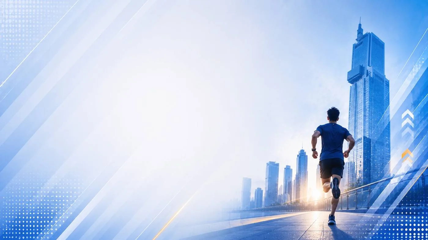 Seorang pelari menyusuri jalur tepi kota menuju gugusan gedung pencakar langit Jakarta, karya visual resmi penyelenggara Jakarta Vertical Run 2026